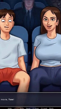 Summertime saga: stepbrother fingers his stepsister in the cinema