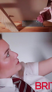 British 18-year-old in college uniform makes a guy cum at the milking table