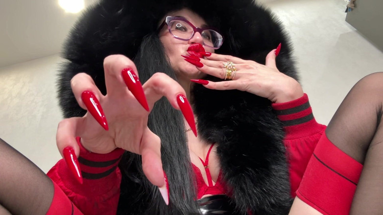 Julia domaina: Red Long Nails, Claws and Fur, Red Underwear, Stockings with...