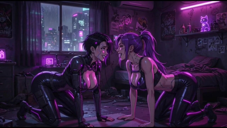 Hot girl dancing: Cyberpunk zábava dívky v jejich pokoji, Ai Animace