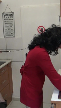 Giant Gothic Mistress Trains Her Little Transvestite to Clean!
