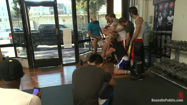 Bound in public: Loudmouth Muscle-head Gets Taken Down and Gang Fucked at a...