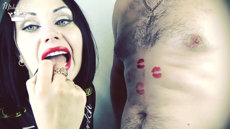 Goddess Misha Goldy: Covering Alex belly, chest and navel with red lipstick kisses!!