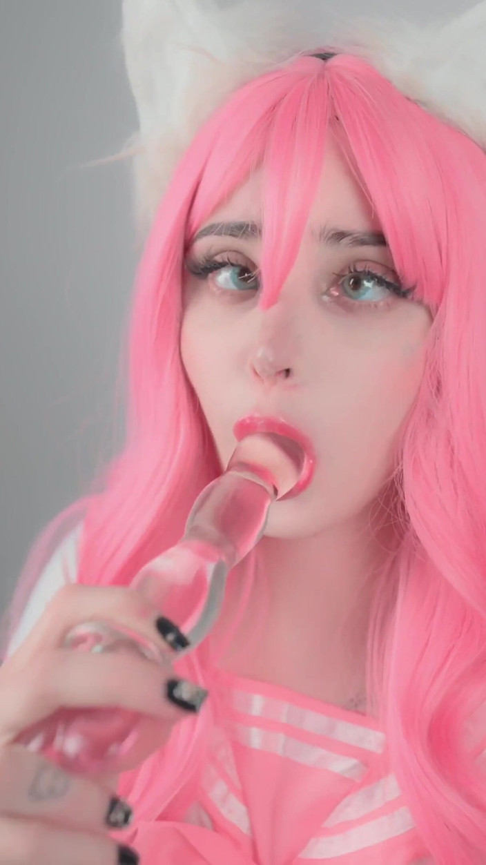pinkloving: Anime Schoolgirl in Cat Paw Stockings Sucks Glass Dildo and...