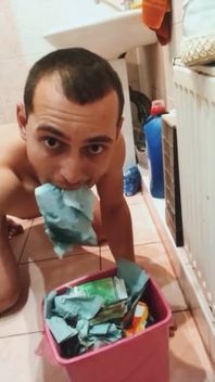 Toilet Slave Eats Toilet Paper From the Trash Can