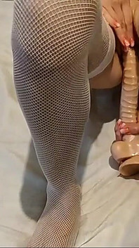 Amateur MILF Plays with Long Dildo Lingerie Stockings