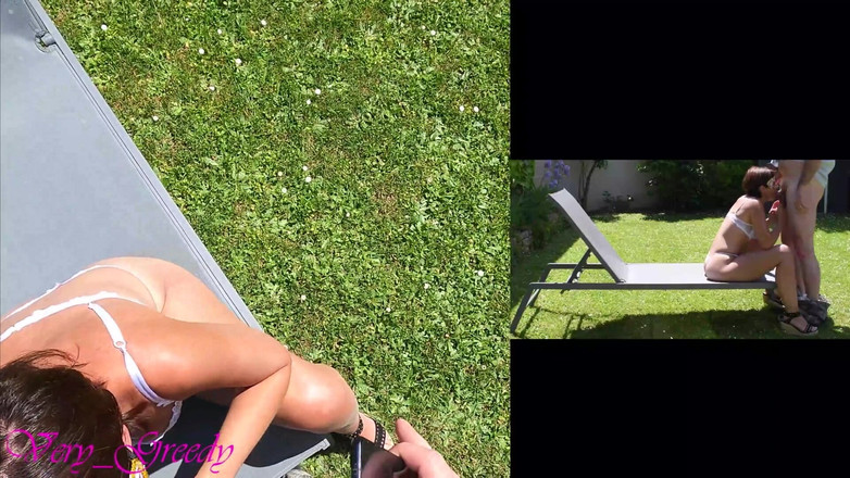 Les Gourmands: セクシーな白いランジェリーを着た美しいミルフが外でドギースタイルでセックスされ、大きなお尻に射精する