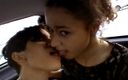 Hard Lesbians: Slutty lesbian teens kissing outdoors before double dildoing in car