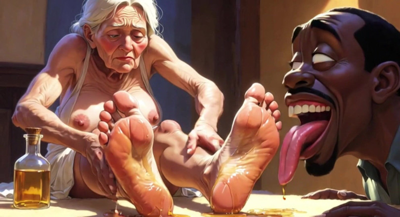 Anime Hentai: Old Granny Foot Worship - Man Licking Oiled Wrinkled Soles