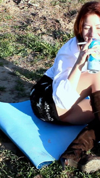 Redhead with Miniskirt Shows Her Pussy in Pantyhose Outdoor While Smoking