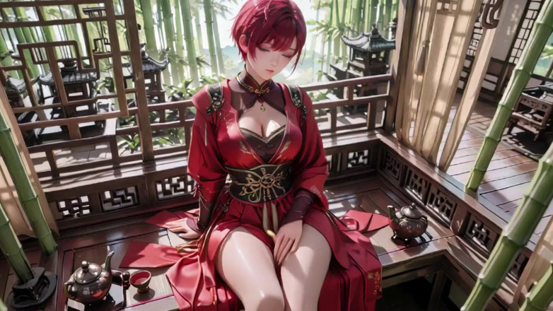 Seraphina Vale: Pembantu rumah perang berambut ungu di Kimono langsing tinggi, berlutut...
