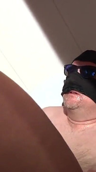 Chubby Blonde with Skyblue Bathrobe Pisses Masked Guy in Mouth
