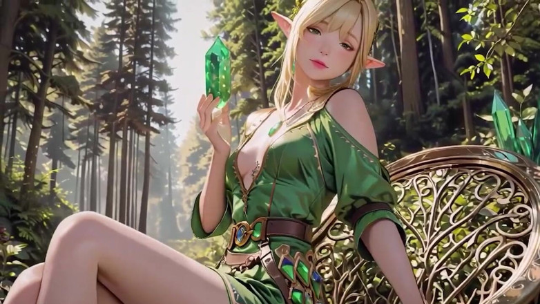 Seraphina Vale: Forest Elf Queen! Devrilen güneş ışığında diz çöküp, ıslandıkçe parmak uçları personeli izliyor.