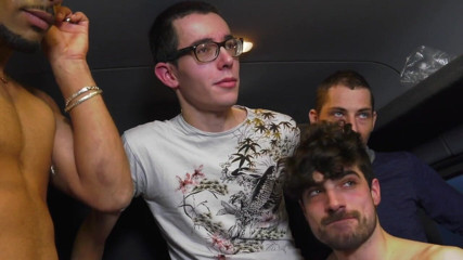 INTERRACIAL BAREBACK SEX: Amazign gang bang in bus oin the road in Paris 2