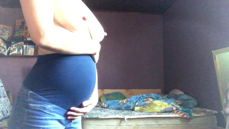Risky Hairy Couple: Striptease with Pregnant Belly, up View
