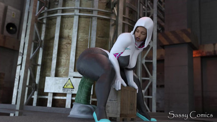 Sassy comics: 蜘蛛侠的Gwen stacy骑乘巨大的绿色哥布林风格的假阳具