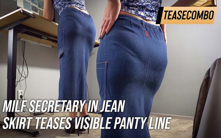 Teasecombo 4K: Milf-secretaresse in Jean-rok plaagt zichtbare pantylijn