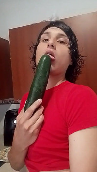 Completely Excited Femboy Gets Naked in His Kitchen Pours Oil All Over His Sexy Body and Fucks His Ass with Cucumber Masturbates