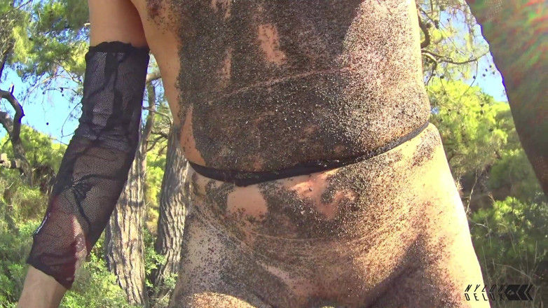 Nylondelux: Oiled Dirty Body and Feet at Beach.