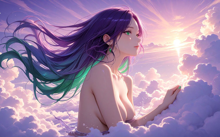 LustRender: Beautiful Nude Young Woman Immersed in Purple and Emerald Cloud