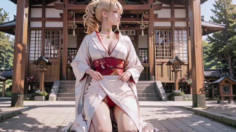 Seraphina Vale: ความลับศาลเจ้าสาวกิโมโนผมบลอนด์! คุกเข่าใต้ประตู Torii ในชุดกิโมโนดัดแปลงสีเบจ