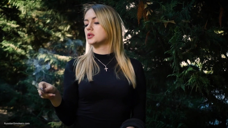 Russian Smokers: Hot Blonde Babe Smoking One Black Cigarettes in Nature