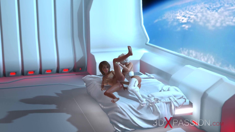 3dxpassion-transgender: 3d sexy sci-fi dick-girl Android bawi się gorącą kobietą na...