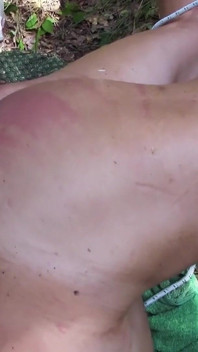 Mladý sadista bičuje staré prase přivázané v lese.