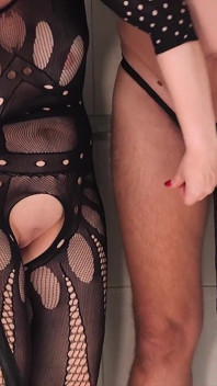 Tied up in the Shower, the Male Slave with Split Balls Gets Milked Hard by a Dominatrix