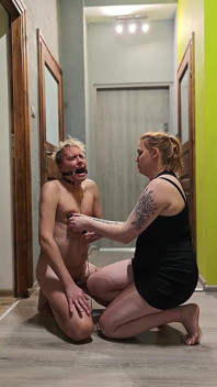 Femdom. Sex Slave of a Dominatrix. Handcuffed, His Dick Tied up, Toothpaste Smeared on It, and Covered in Urine.