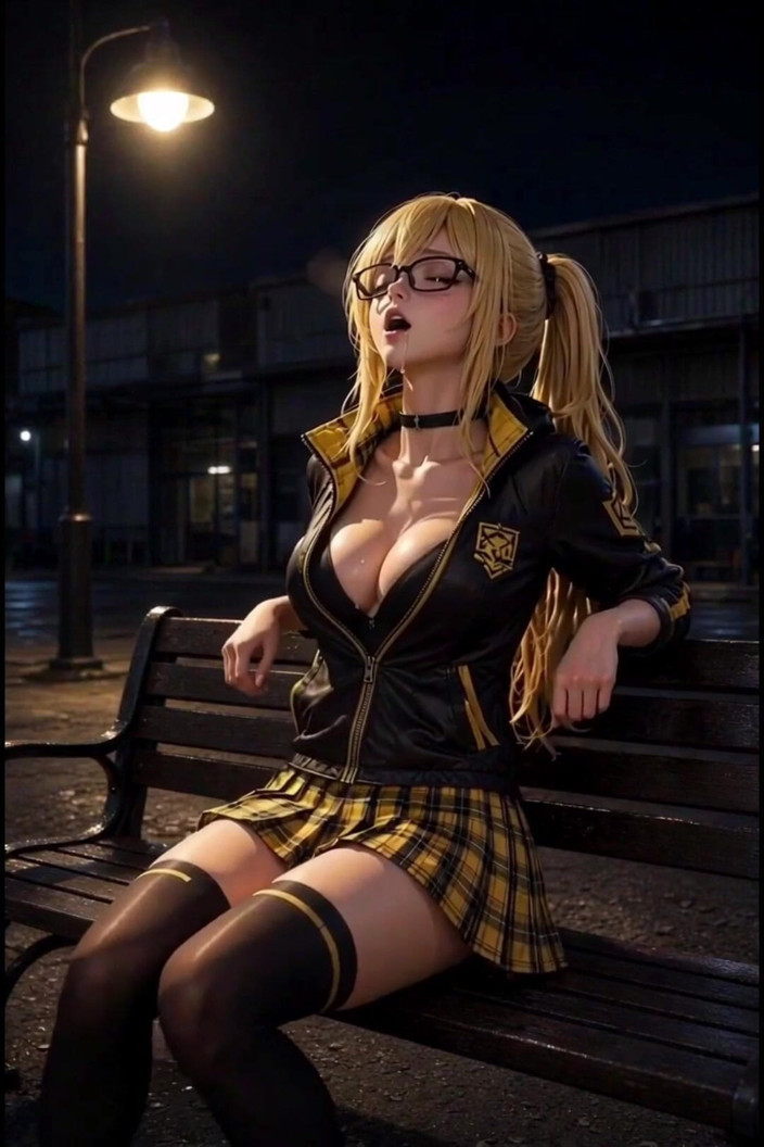 Wertstofsamler: Cosplay de anime rubia en el banco detrás de Fairgrounds
