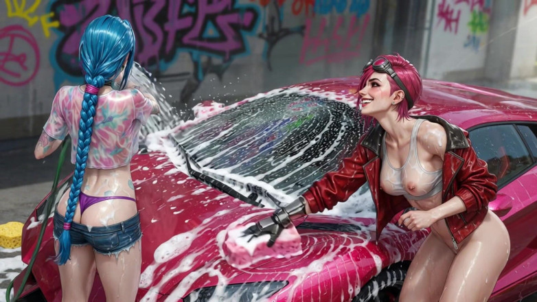 Ianimedia: Jinx and Vi Washing the Red Ferrari Wet and Soapy