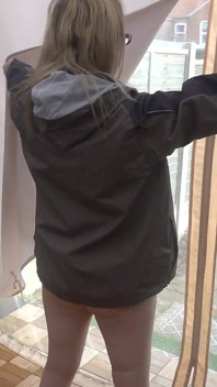 Flashing in the Yard in Tan Pantyhose and Coat