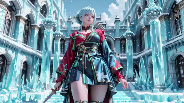 Seraphina Vale: Ice Throne! Silver-haired Mage in Red-green Gown Kneeling, Blue-haired Partner...