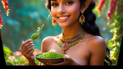 AI Girls: Bella ragazza indiana nuda dal seno grande con edamame
