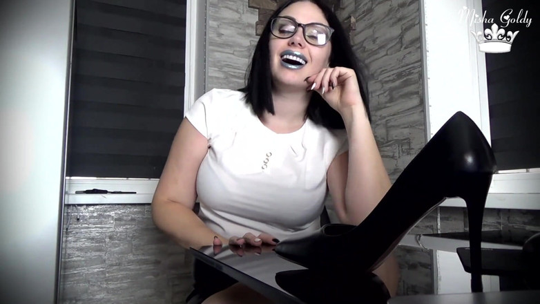 Goddess Misha Goldy: Sniff my sweat nylon feet little sissy!