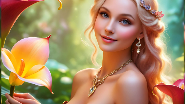 LustRender: Bellezza nuda che tiene una calla lily luminosa | Ruby diamond...