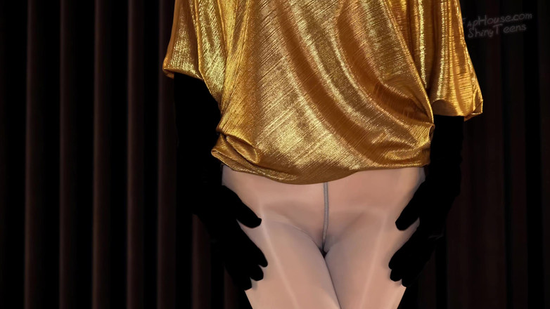 Shiny teens: 917 Gold Minidress and Shiny Gray Pantyhose