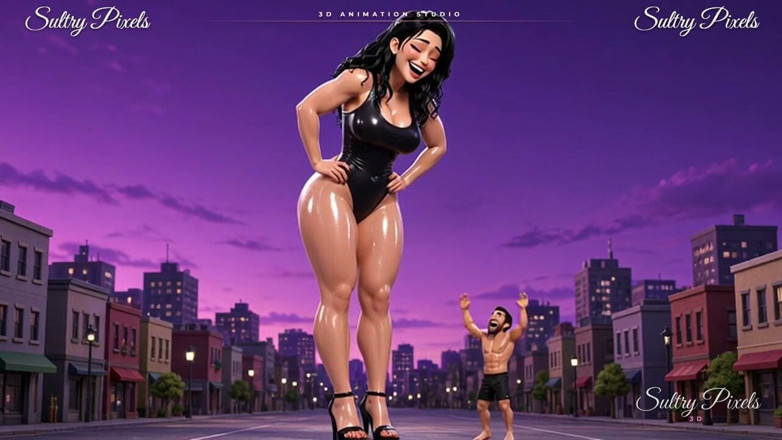 Sultry Pixels 3D: Yüksek topuklu kulelerde yağlanmış dev kadın minik bir adamın üzerinde - dev...