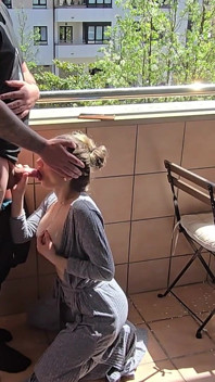 Busty Girl Sucks Her Friend's Cock on a Hotel Balcony!! Risky Sex!