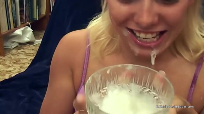 British Bukkake Babes: Blonde Draws Cum Then Eats It off a Donut