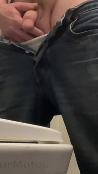 Amateur Straight Boy in Jeans Shorts with Big Hanging Balls Caught Pissing Hands Free