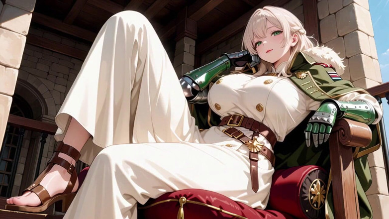 Tay Swift X: ブロンドナイトの午後!緑色の制服、黄金の機械の腕、古代の石の廃墟でのんびりと物思いにふける。