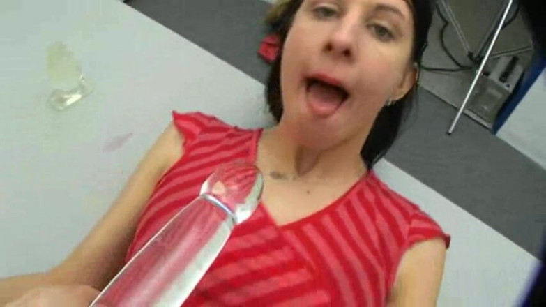 Doris Distel: Glass dildo for my ass in the office