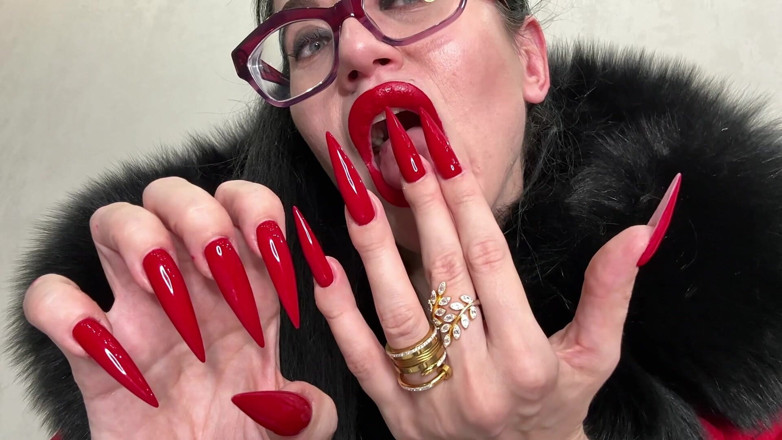 Julia domaina: Red Long Nails, Claws and Fur, Red Underwear, Stockings with...