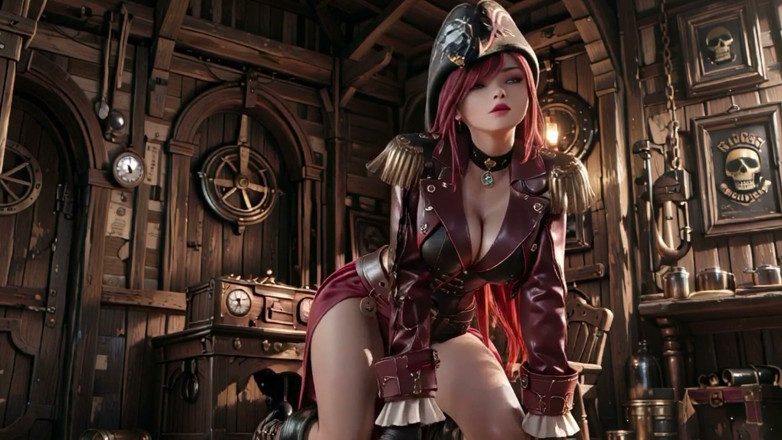 Seraphina Vale: Ruda królowa piratów! Leniwa bogini w złotej ładowni. Klęczący wzrok jest...
