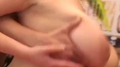 Very horny brunette with her tight wet pussy enjoys as she sucks me and massages my cock with her big boobs