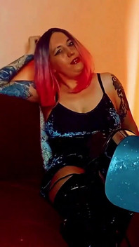 Lady Angela Male Submissive Kneels on the Floor and Licks Black Pvc Thigh High Boots Bot Worship Boot Domination Heels Sucking