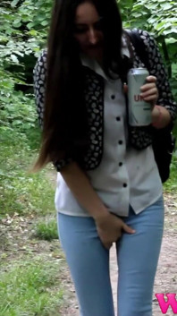 Skinny Brunette Full Bladder Pee Desperation and Pushing Her Pussy to Stop Her Pee in the Forest