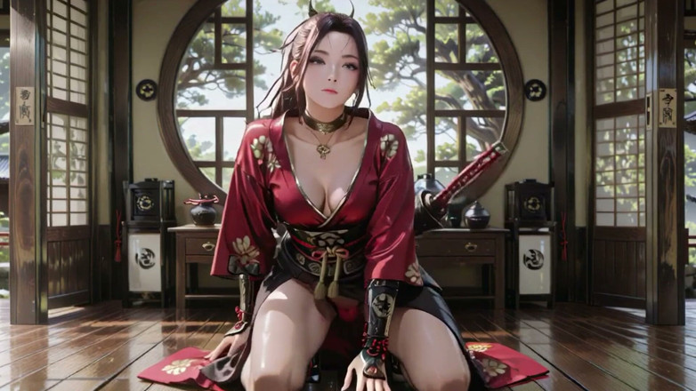 Seraphina Vale: Crimson Samurai! Red-haired Warrior Kneeling in the Sun